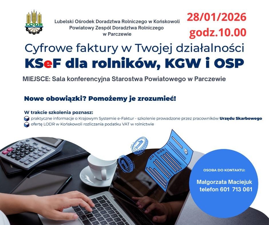 Zaproszenie na szkolenie – KSeF dla rolników, KGW i OSP